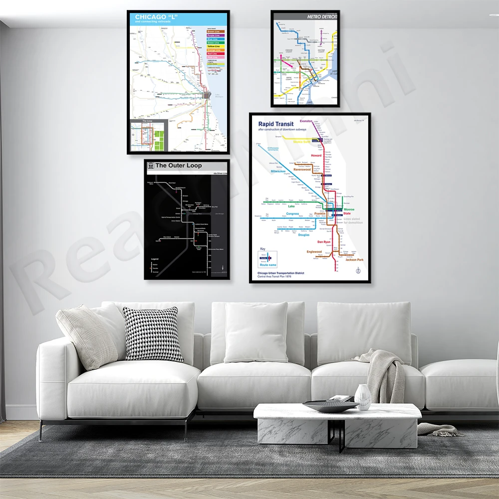 Original Detroit Freeway Map, Chicago L Outer Circle Map Plan, 2016, Original poster for the Chicago High Line and Subway