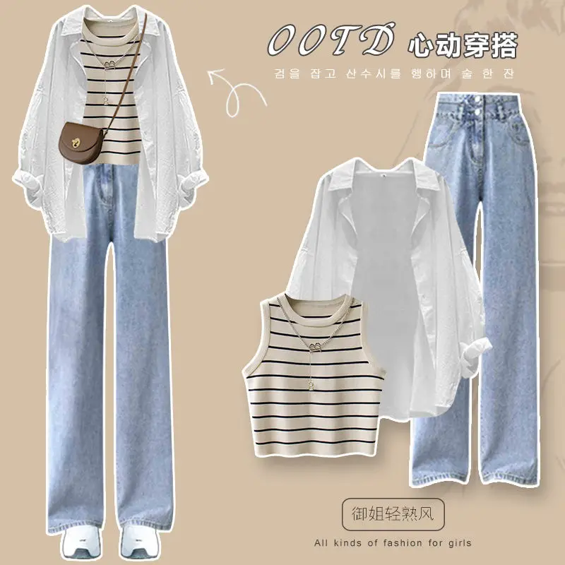 Conjunto de colete e jeans versáteis de manga comprida para mulheres, camisa elegante, camisa de emagrecimento, conjunto de 3 peças, primavera e verão, 2024, novo