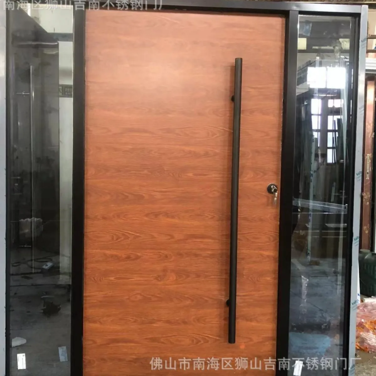 Cast aluminum villa double open off-axis door central axis entry glass wood grain door
