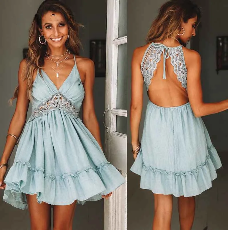 

Пляжное платье макси с кружевными вставками и завязками, с высокой талией, V-образным вырезом, однотонное, для женщин