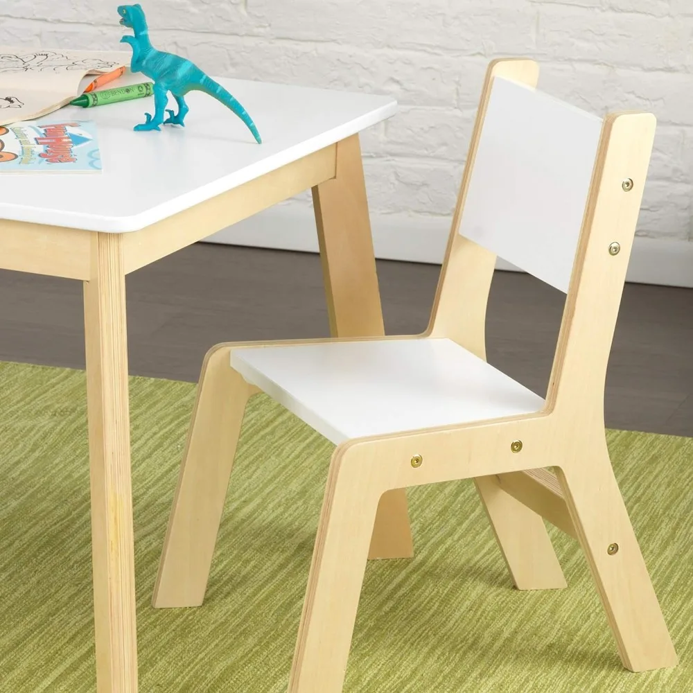 Tavolo moderno in legno e Set di 2 sedie, mobili per bambini, bianco e naturale, regalo per età 3-8