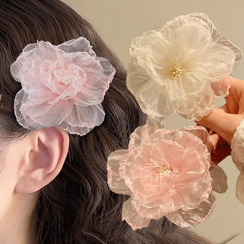 Fermagli per capelli con fiore rosa in organza Donne Ragazze Fiori morbidi Porta coda di cavallo Morsetti per capelli Barrette Accessori per capelli alla moda