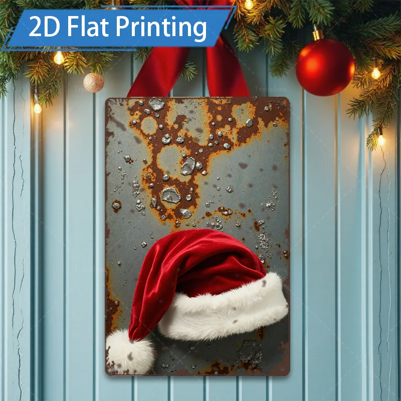 [2D FLAT] 1 قطعة علامة معدنية ريفية معدنية عيد الميلاد قبعة جدار ديكور فني