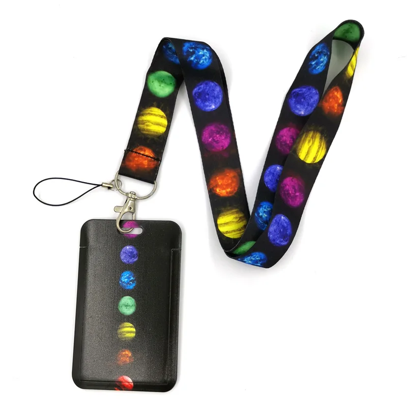 Colorful Moon Space Lanyard Credit Card ID Holder Bag Student Women Travel Card Cover Badge Car Keychain Decorations