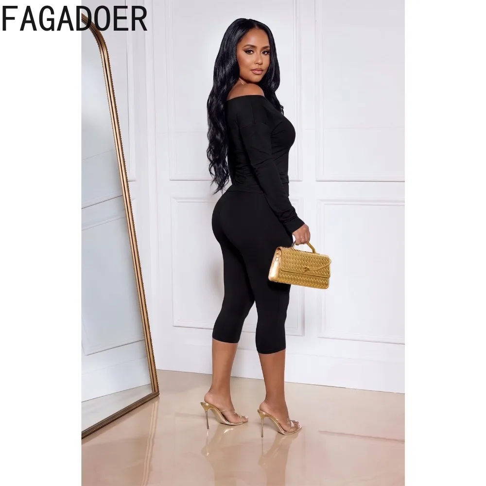 FAGADOER Women Fashion Two Piece Set Off Shoulder Long Sleeve Ruched Tie Top And Capri Pants Casual Bodycon Streetwear Outfit view 4