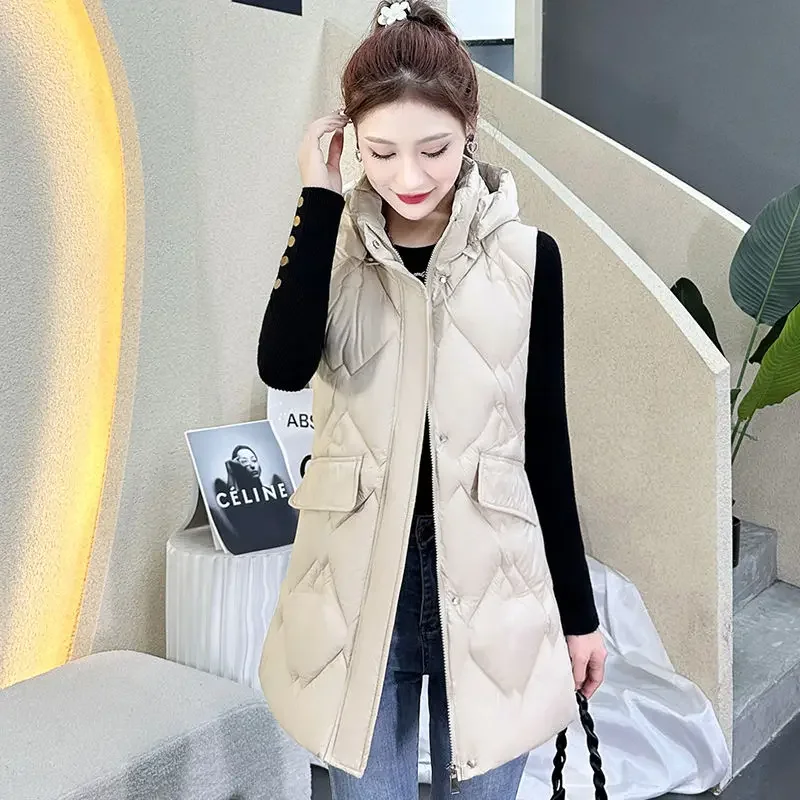 

Модный пуховый жилет из хлопка-подкладки, женская верхняя одежда, осень-зима 2022, новые свободные корейские теплые жилеты средней длины с капюшоном, куртка