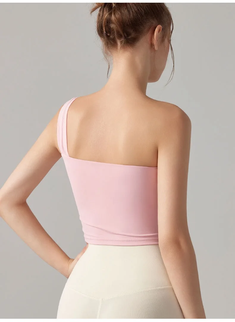Ein-Schulter-Yoga-BH für Damen, stoßfeste, hochintensive Sportunterwäsche, feste Cups, Lauf-Fitness-Weste, Yoga-Bekleidung, Oberteil-Set – Detail 4
