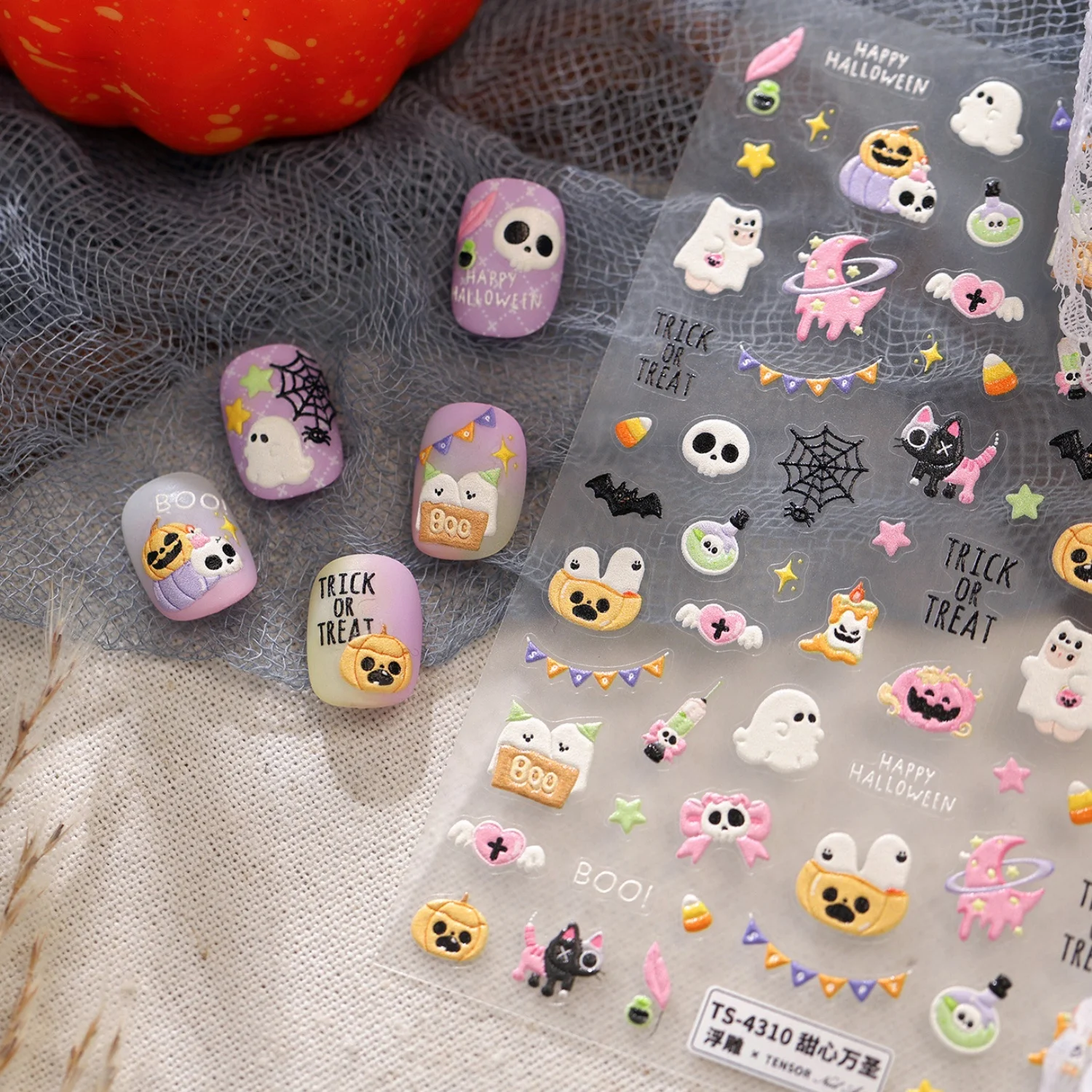 Kawaii Halloween 5D Niedliche Phantom-Jack-o-Lantern Kätzchen Fledermaus Spinnennetz Trick-or-Treat Nagelaufkleber Selbstklebende Festival-Sticker