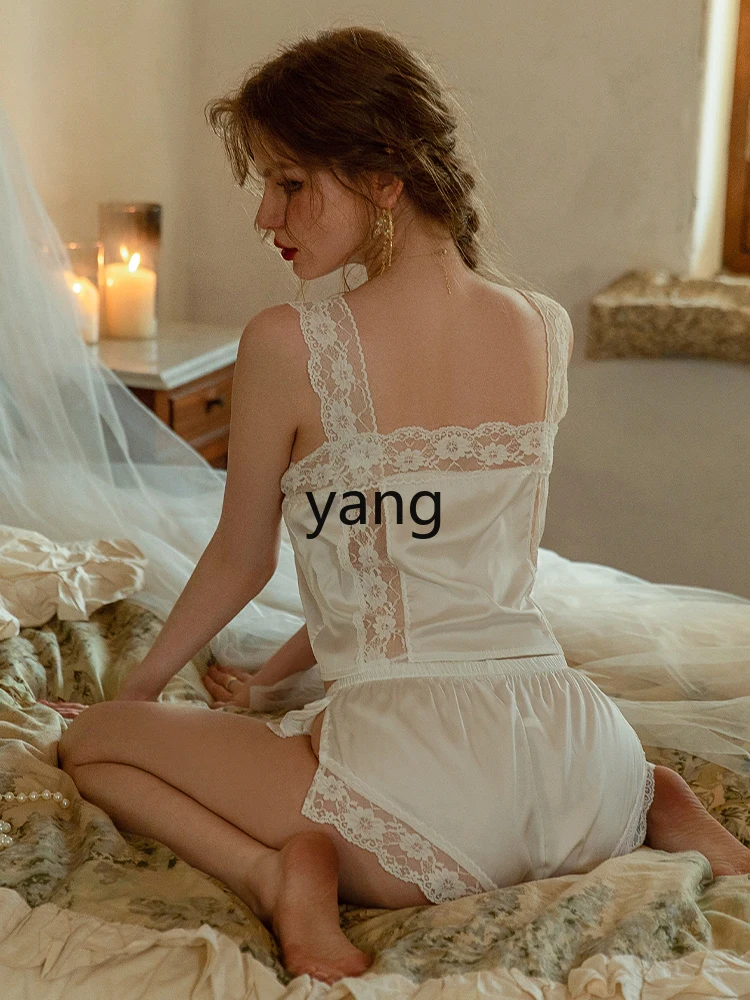 LMM summer three-piece set lace suspenders spring and autumn small chest set nightdress loungewear