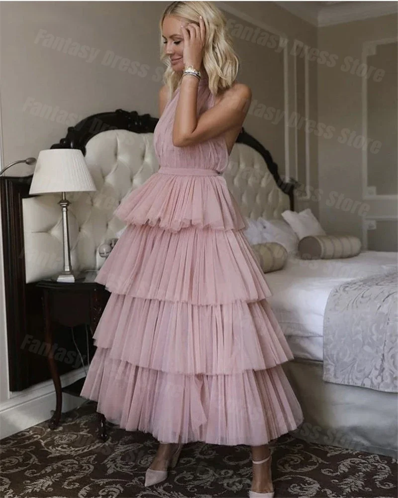 Fashion 2023 Pink Layered Tulle Prom Dresses V-neck A-line Sexy Backless Sleeveless Formal Occasion Evening Dresses For Women