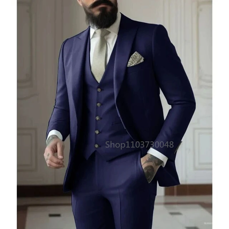 

3 Piece High Quality Navy Blue Suits for Men Slim Fit Formal Business Office Daily Casual Outfits Fashion Wedding Party Tuxedos