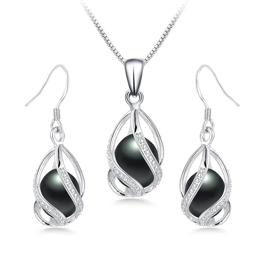 Pearl Jewelry Set For Women S925 Sterling Silver/14K Gold Plated Necklace and Earrings Set Freshwater Pearl Pendant Cage Set fo