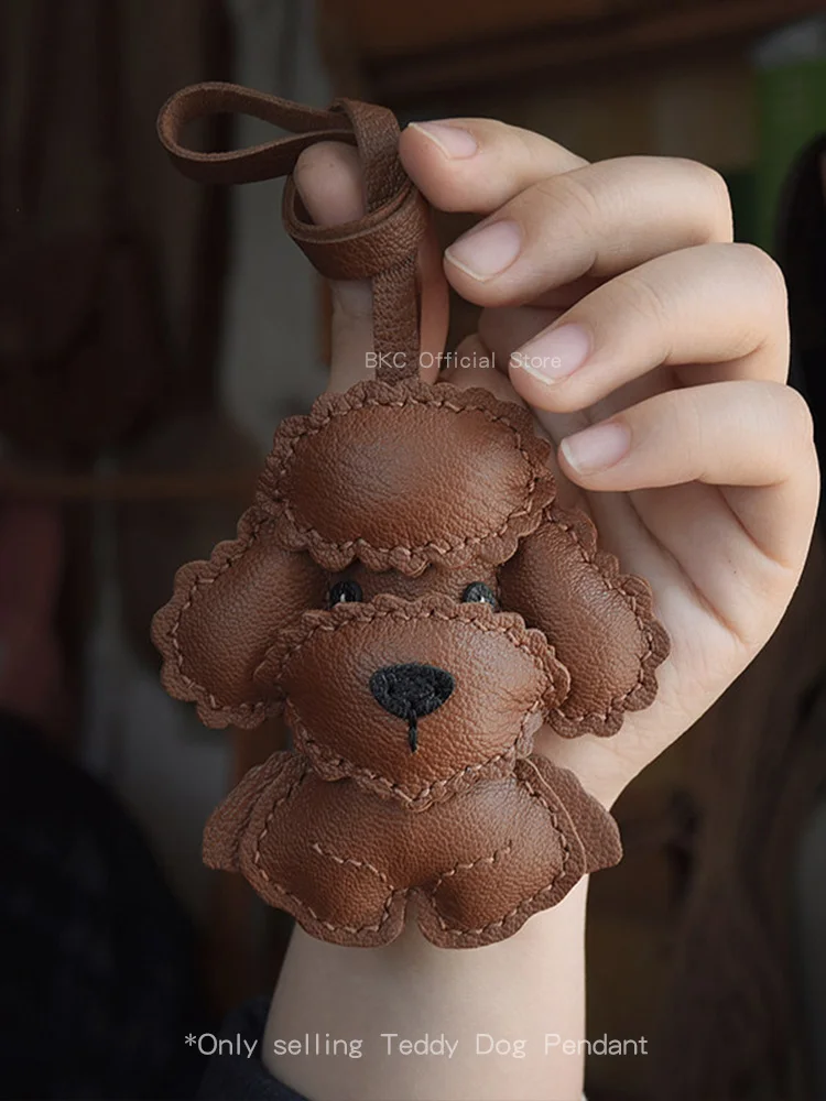 

Teddy dog Bag Charm, Hand-stitched Goatskin, Original Cute Pendant Gift unisex，Handmade Saddle Stitch Leather Keychain Gift
