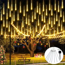 Solar Meteor Shower Rain Lights, Fairy String Light para Xmas Tree, Decoração de festa de casamento, 8 tubos, 96 LED, 30cm