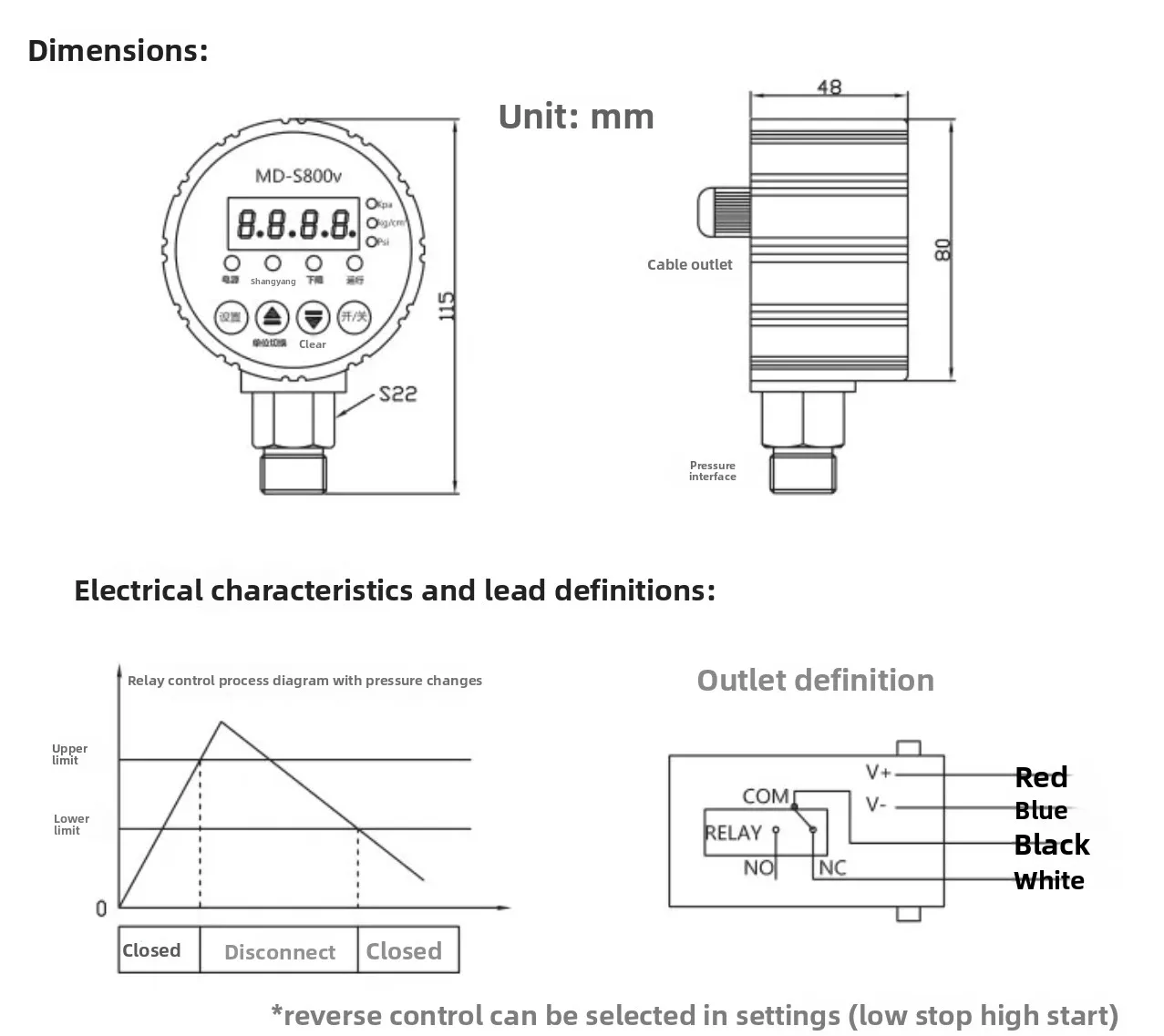 MD-S800V Intelligent Digital Vacuum Gauge -0.1~0MPa(-100~0KPa) Negative Pressure Controller