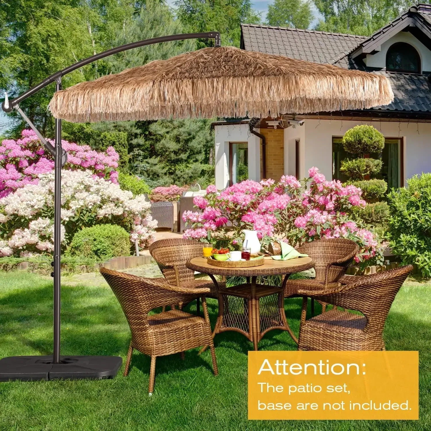 

10FT Cantilever Tiki Thatch Patio Umbrella, Hand-Push Tilt Offset Umbrella for Outdoor, Poolside, Backyard, Beach