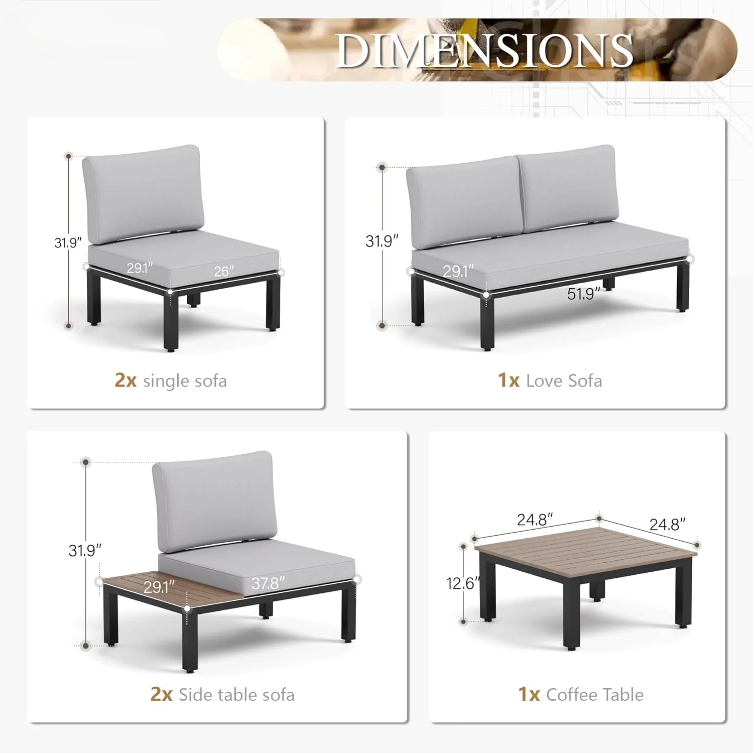 6 Pieces Outdoor Patio Furniture Set, Metal Sectional Sofa Set Patio Conversation Set with Cushions