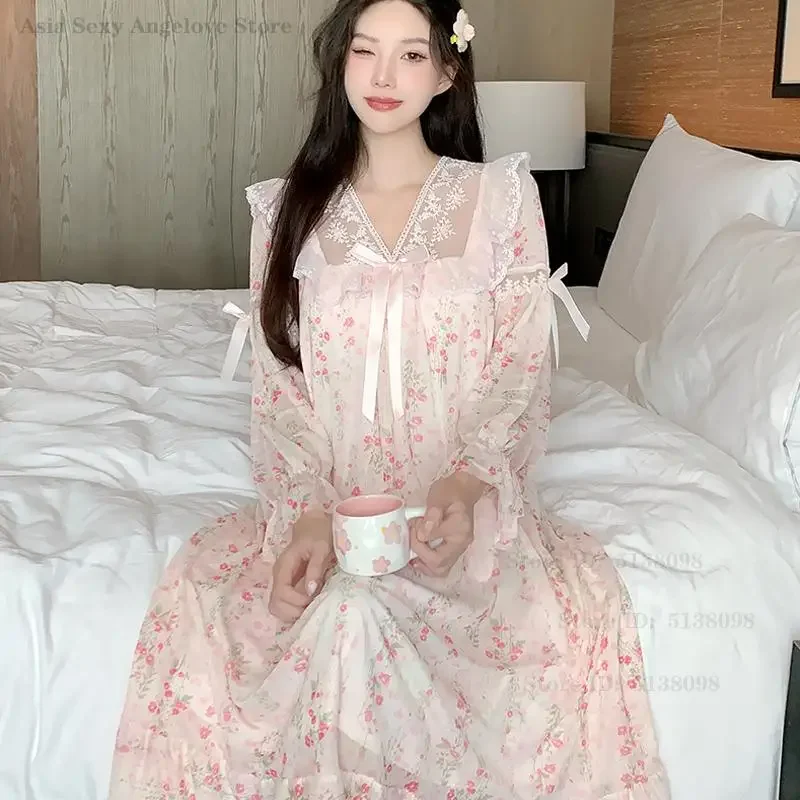 

Ночная сорочка в стиле принцессы для девочек, весенне-летняя, с цветочным принтом, домашняя, повседневная, с бантом, для отдыха