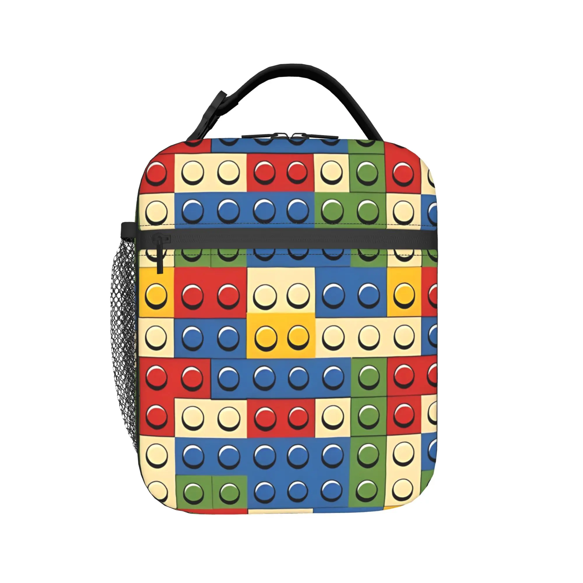 Insulated Lunch Box Colorful Building Blocks Accessories Building Brick Pattern Lunch Thermal Cooler Lunch Box For School