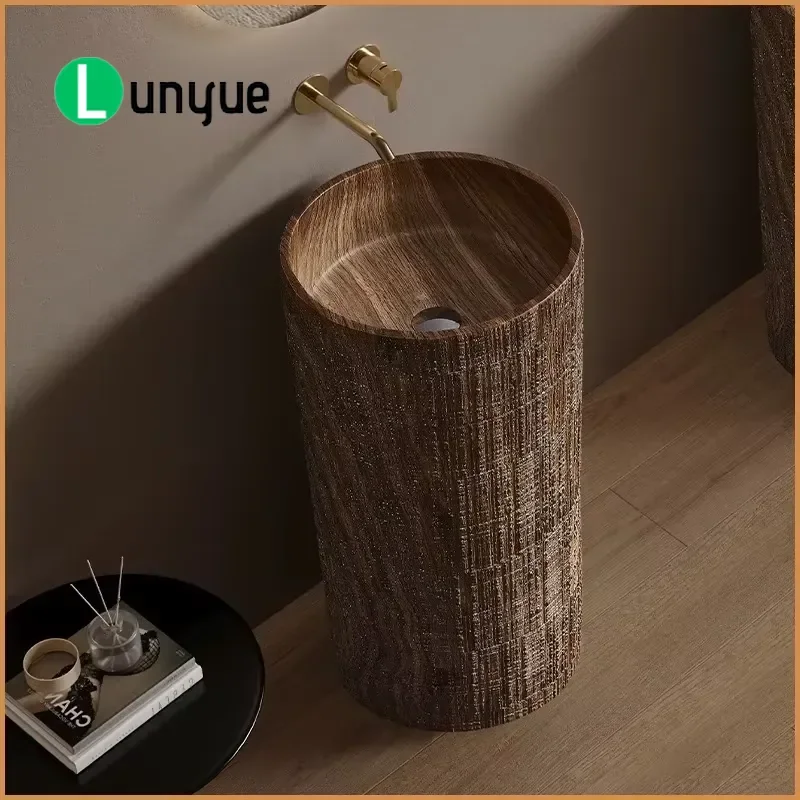 Embossed Textured Freestanding Cylinder Column Sink Round Basin for Bathroom Garden Public Areas Durable Ceramic Washbasin