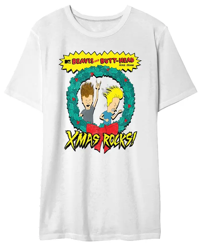

Beavis and Butt Head Xmas Rocks Tee White with Festive Animated Print Trend Personality Short-sleeved 100-cotton Round Neck