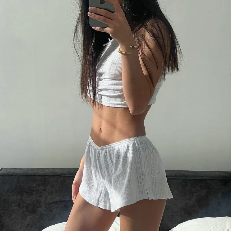 Women's Solid Pajamas Set Summer Casual Women's Suspender Top Shorts Sleepwear 2 Piece Set Loose Round Neck Home Loungewear