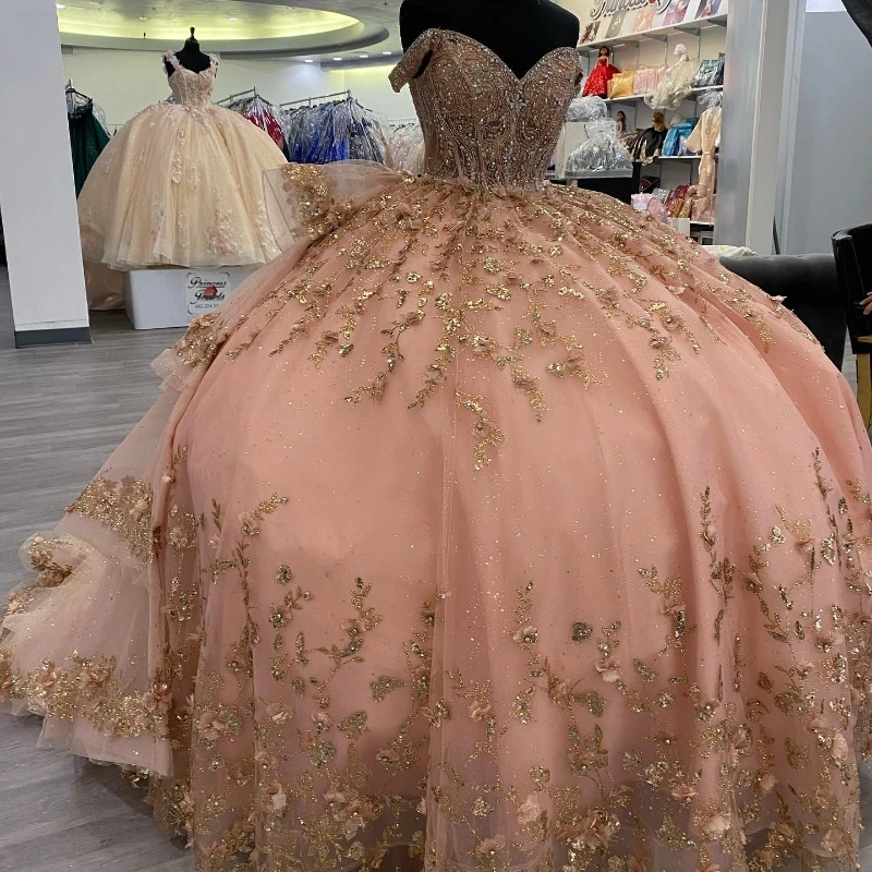 Lorencia-vestido De princesa para quinceañera, vestido rosa brillante, cuentas De flores, tul dulce 16, YQD299, 15 Años