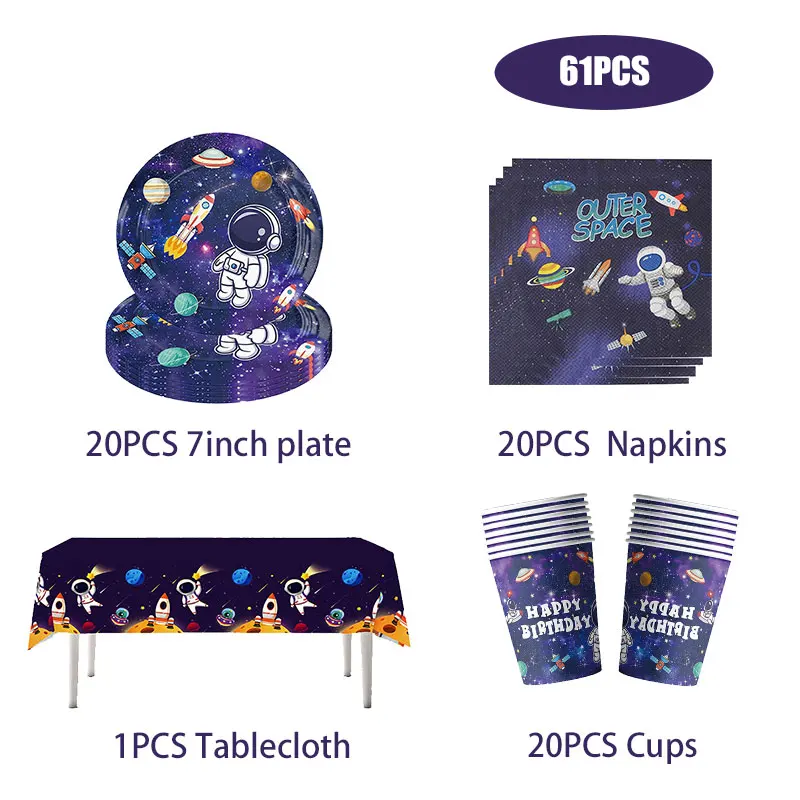 Neue Astronauten-Geburtstagsparty-Dekoration, schwarze Weltraum-Astronauten-Teller, Servietten, Becher, Tischdecke, Hintergrund, Party-Geschenke, Kindergeburtstag – Detail 16