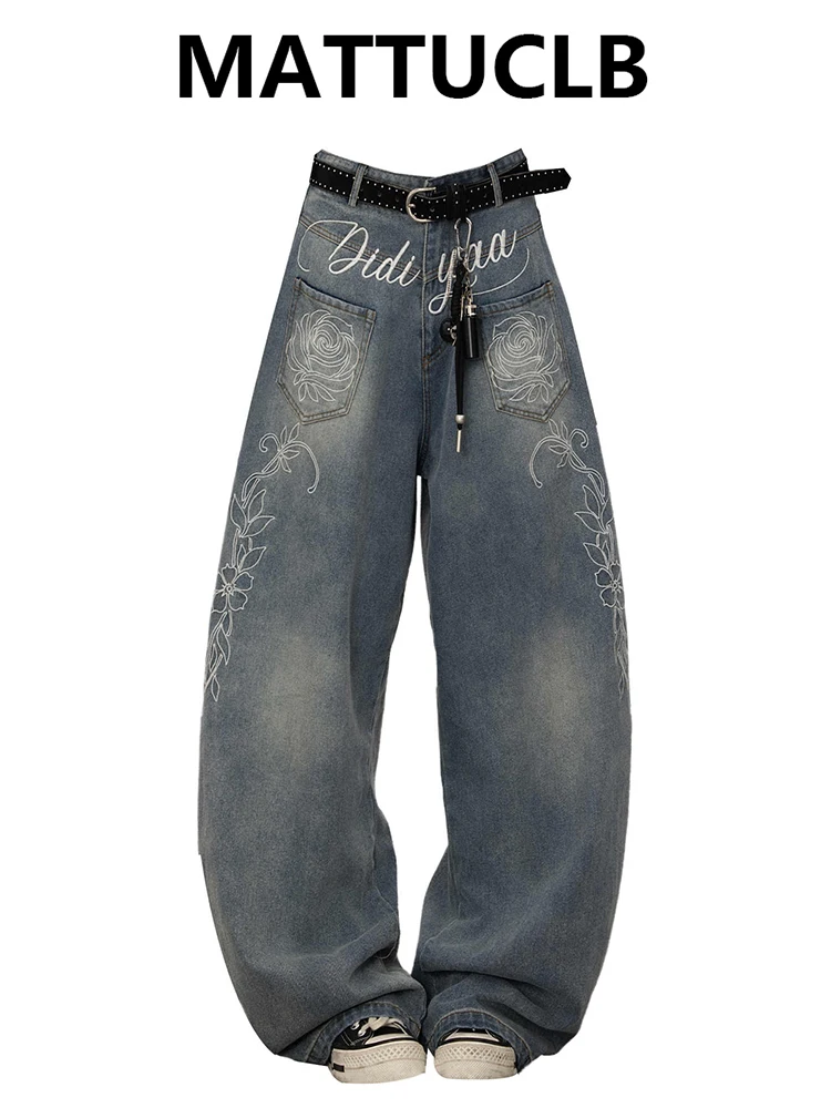 

Женские джинсы Дизайнерские джинсовые брюки с вышивкой в стиле гранж Широкий крой Американский ретро Y2K Harajuku Ковбойская уличная одежда 2000-х годов