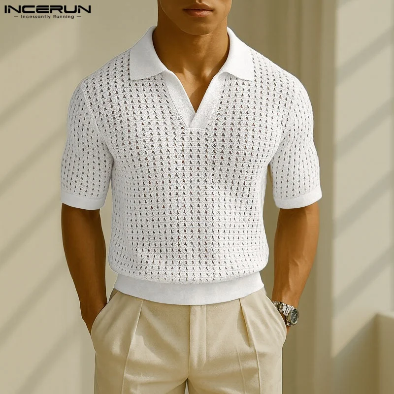 

INCERUN Men Shirt Solid Color Hollow Out Short Sleeve Casual Men Clothing Summer Streetwear 2025 See Through Fashion Male Shirts