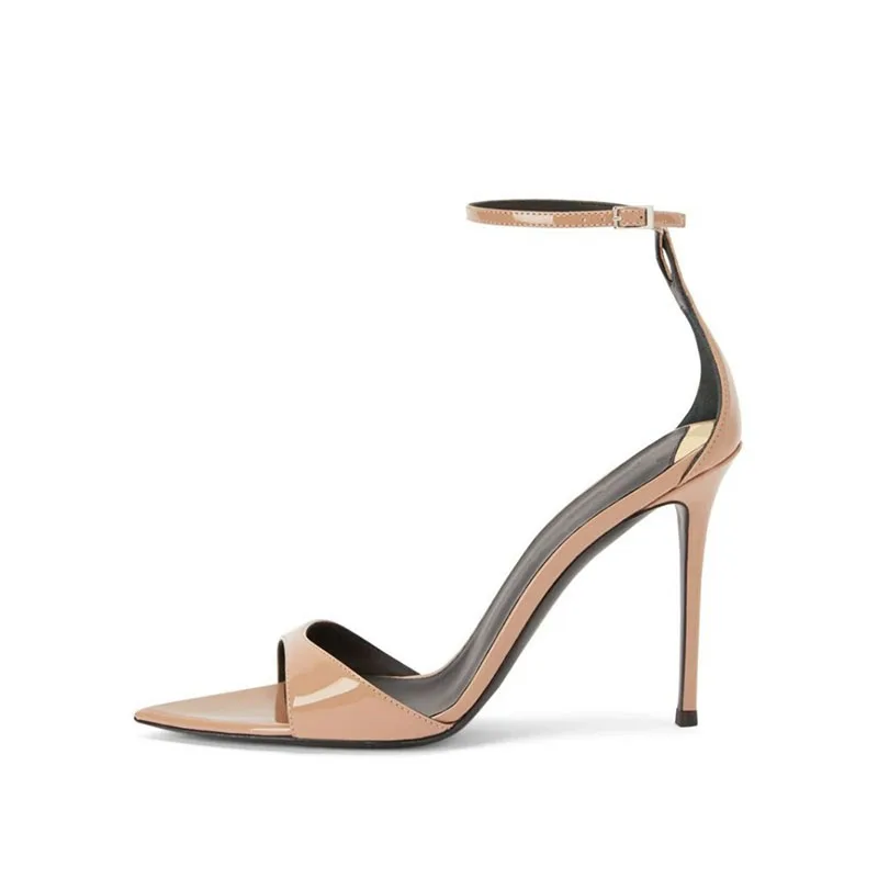 

Arden Furtado 2024 Summer Patent Leather Pointed toe Stiletto word-cingulate Belt buckle sexy Super high heel Open toe Sandals