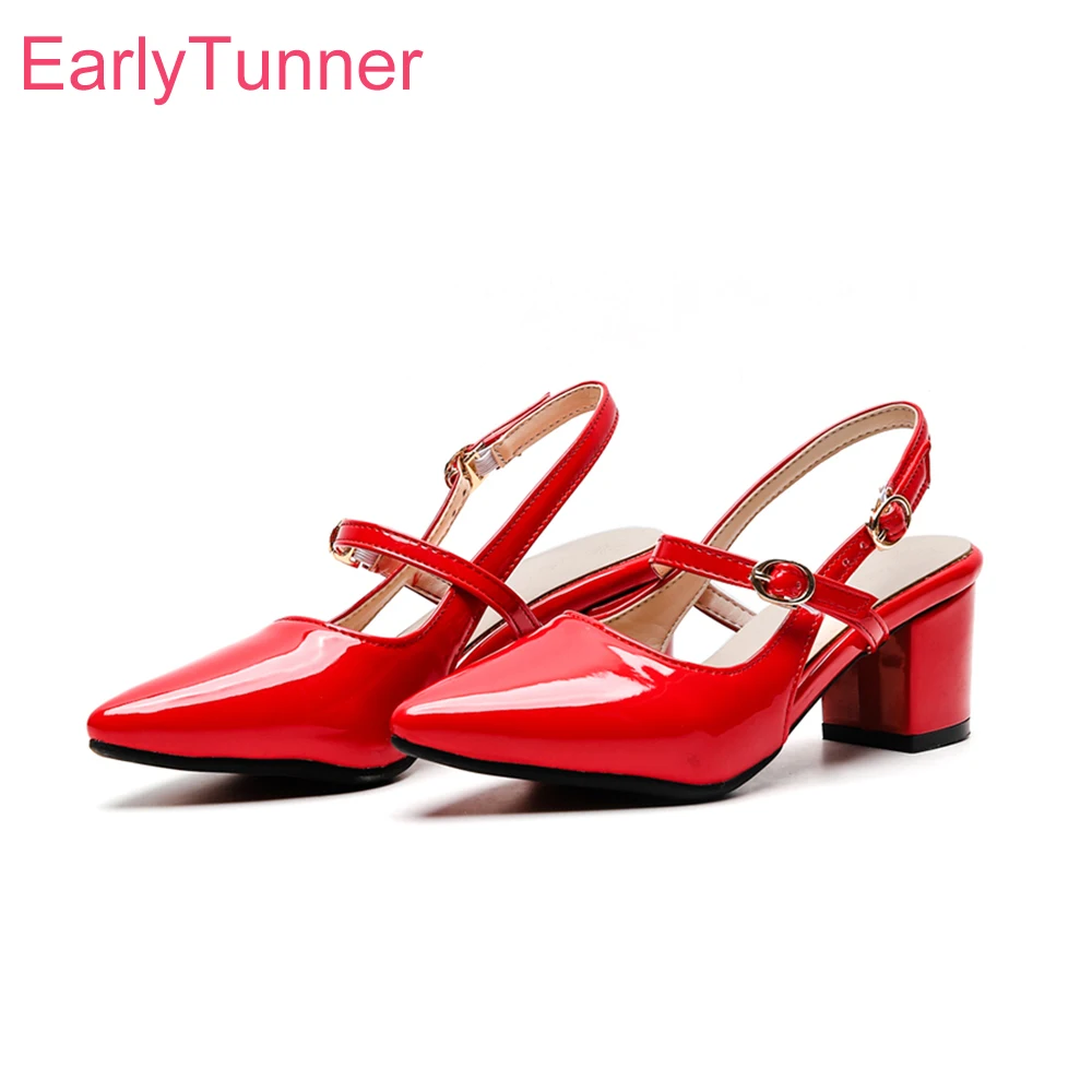 

New Summer Red Black Glossy Women Slingback Sandals Sweet Med High Heels Lady Formal Shoes Plus Big Small Size 10 32 43 45