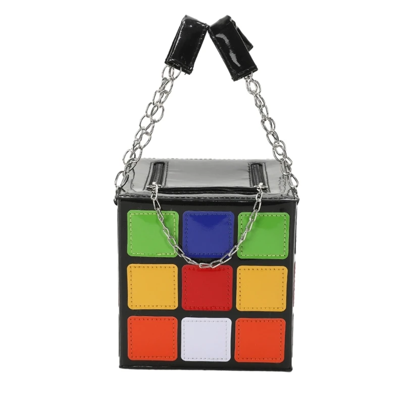 Cube Handbag Square Box Handbag Women’s Puzzle Cube Handbag with Silver Chain Handle Phone Wallet Purse