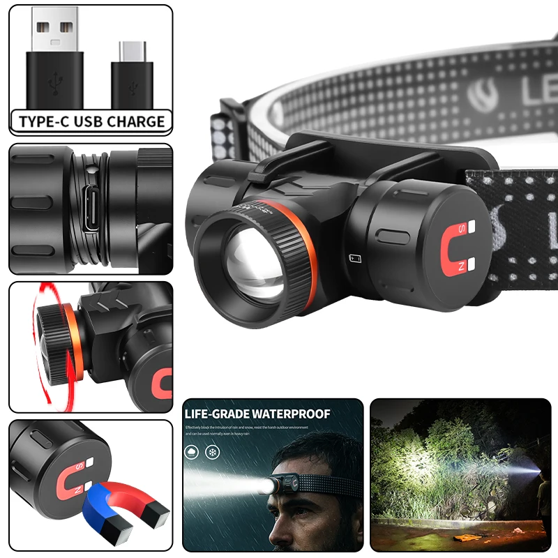 LED Headlamp 850LM Powerful Headlight zoom rotation Type-C Rechargeable Work Light Torch Waterproof Camping Hunting Lantern