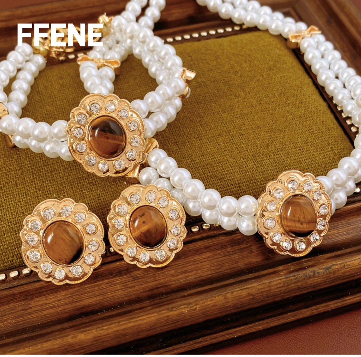 

[Classic] 3pc Beaded Tiger's Eye Pearl Necklace Luxury Collar Chain Retro Aesthetic Jewelry Set