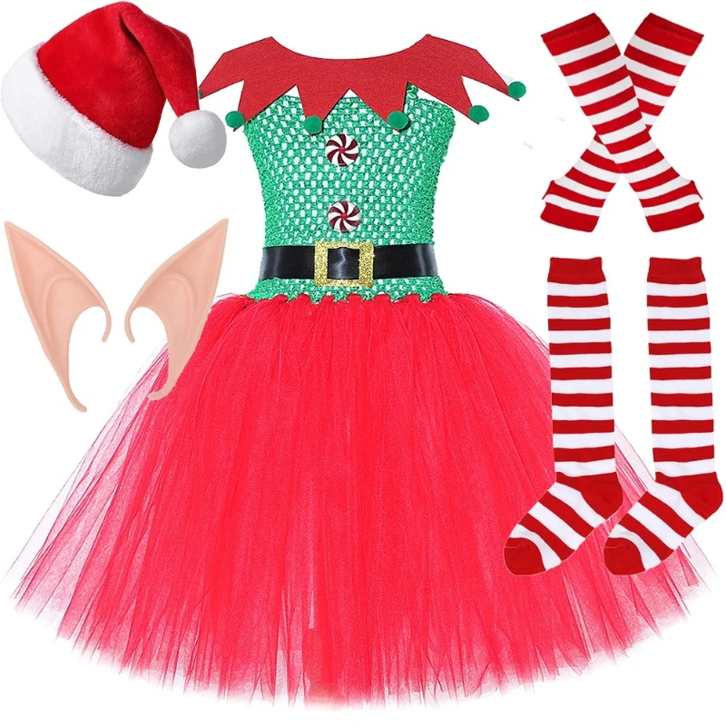 

Girls Christmas Elf Tutu Dress Red Green Santa Elf Costume Outfit for Kids Toddler Festive Xmas Party Princess Dress Up Clothes