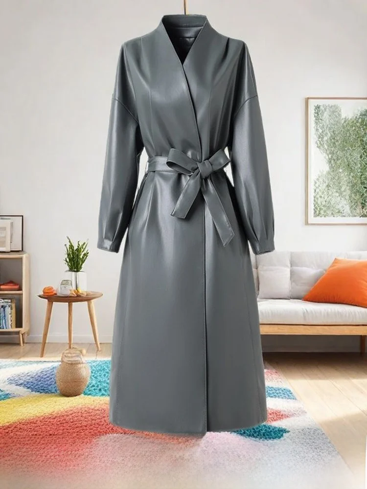 

Vintage Sle Women's Long Jaet Loose Fit Real eepskin Leather Coat Waist-Cinching Mid-Length Slimming Outerwear