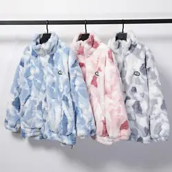 Woman Zipper Jacket Real Rabbit Fur Coats Fleece Tie Dye Thickening Long Sleeves Cold-proof Soft Stand Collar Outdoor Coat