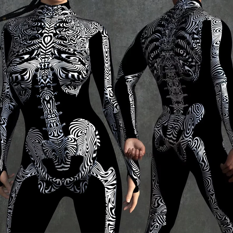 Couple Hoilday Skeleton Cosplay Costume Skull Print Jumpsuit Halloween Horror Party Suit Festival Bodysuit Rave Unique Outfits view 5