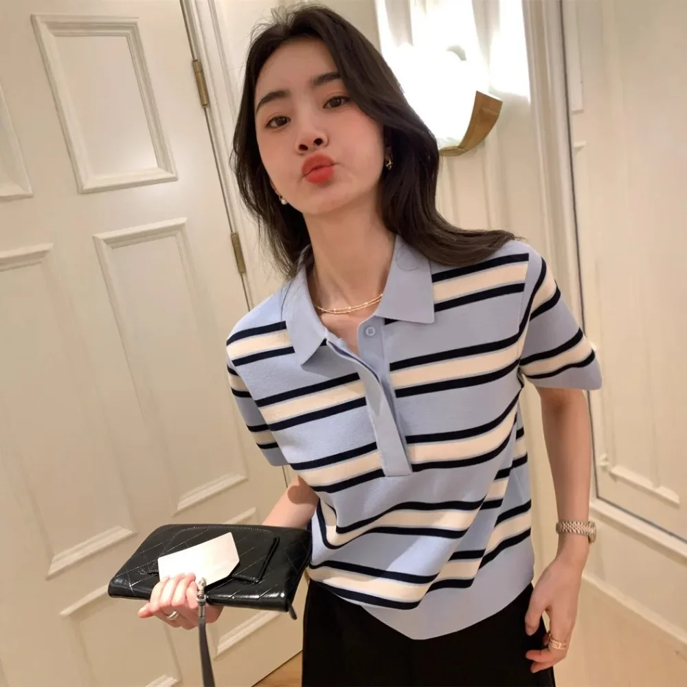 Women Striped Knit Polo Top Short Sleeve Cropped Fit Collared Casual Breathable Soft Flattering Daily Streetwear Comfy Summer