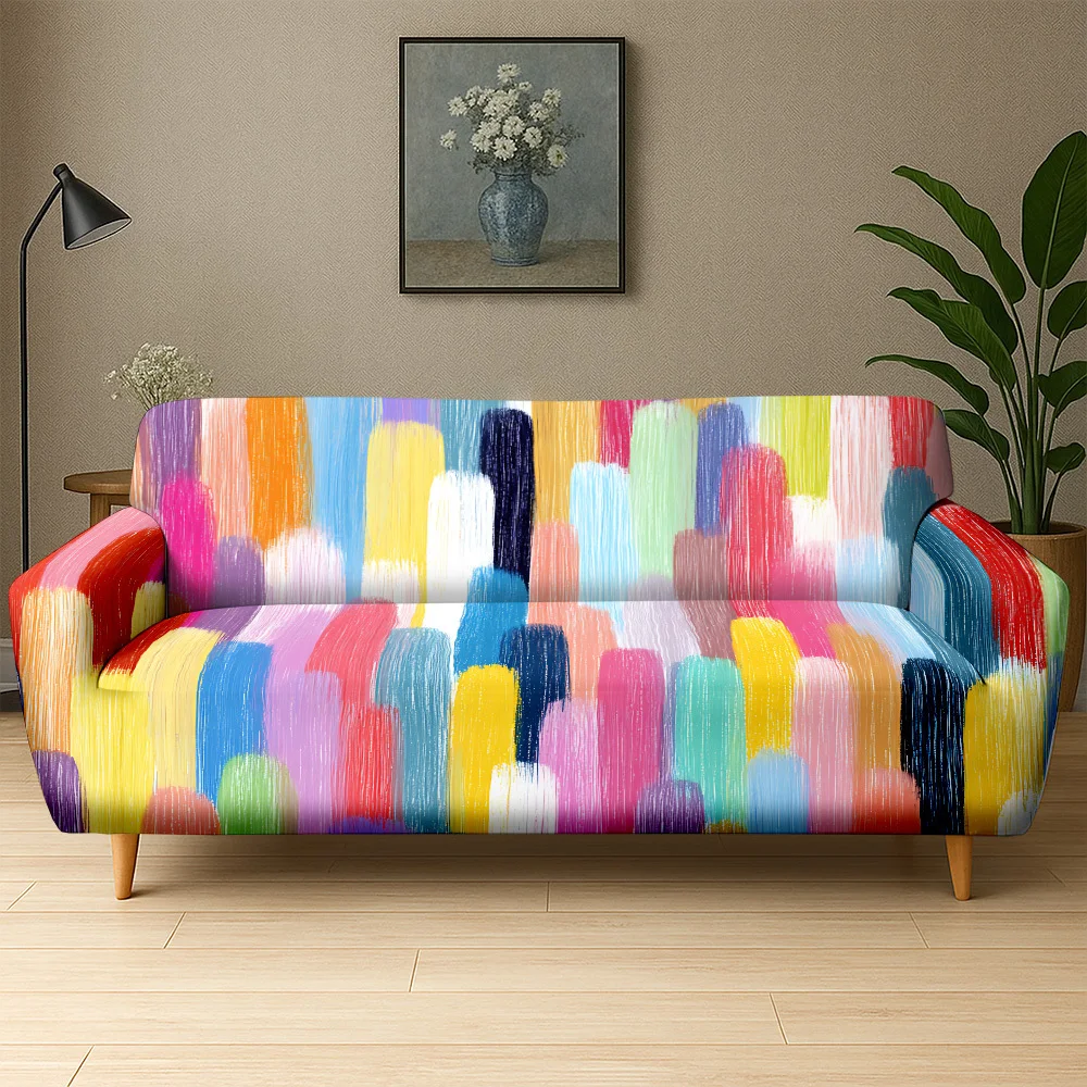 1pc Vibrant Abstract Brush Stroke Print Stretch Sofa Cover, Removable Washable Couch Slipcover for Bold Modern Home Decor