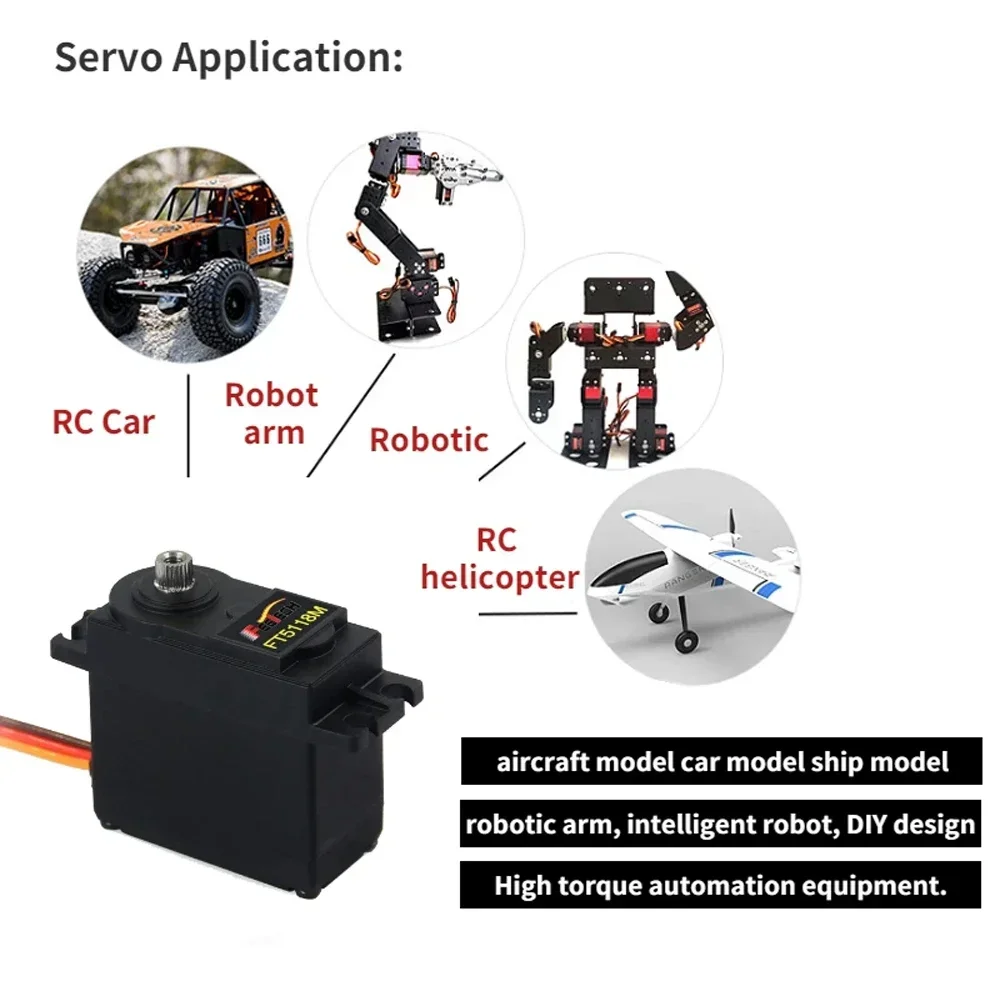 FT5118M Servo digital 17kg.cm Protección contra sobrecarga estándar 280 °   Engranaje metálico de acero para coches RC 1:8 1:10 1:12, Robot, avión, barco