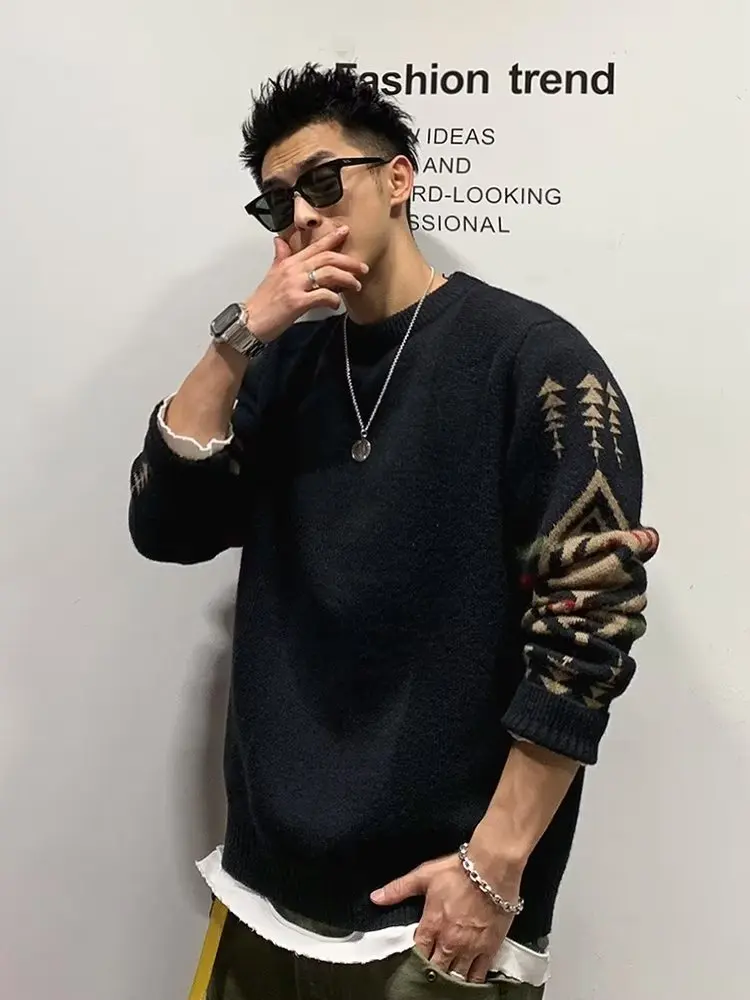 

Мужской вязаный свитер с круглым вырезом, однотонный, с ромбовидным узором, базовый слой, облегающий, универсальный, в японском стиле, повседневный топ