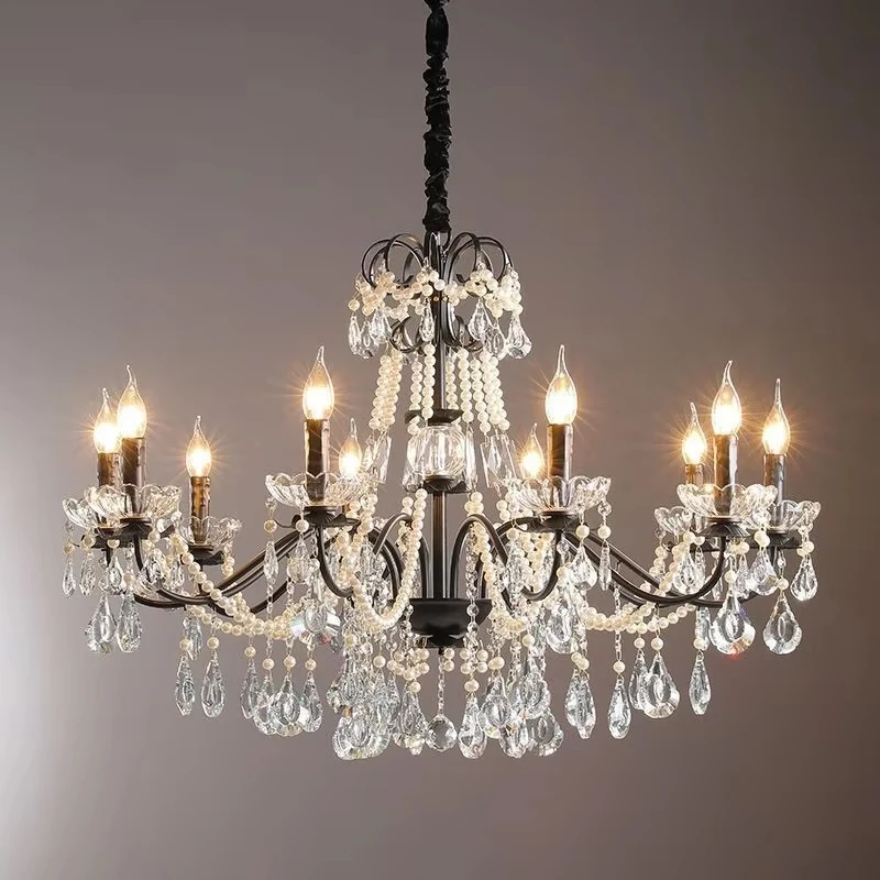 

American Luxury Black Retro Crystal Chandeliers Medieval Living Room Bedroom Restaurant Pendant Lamp Countryside Light Fixtures