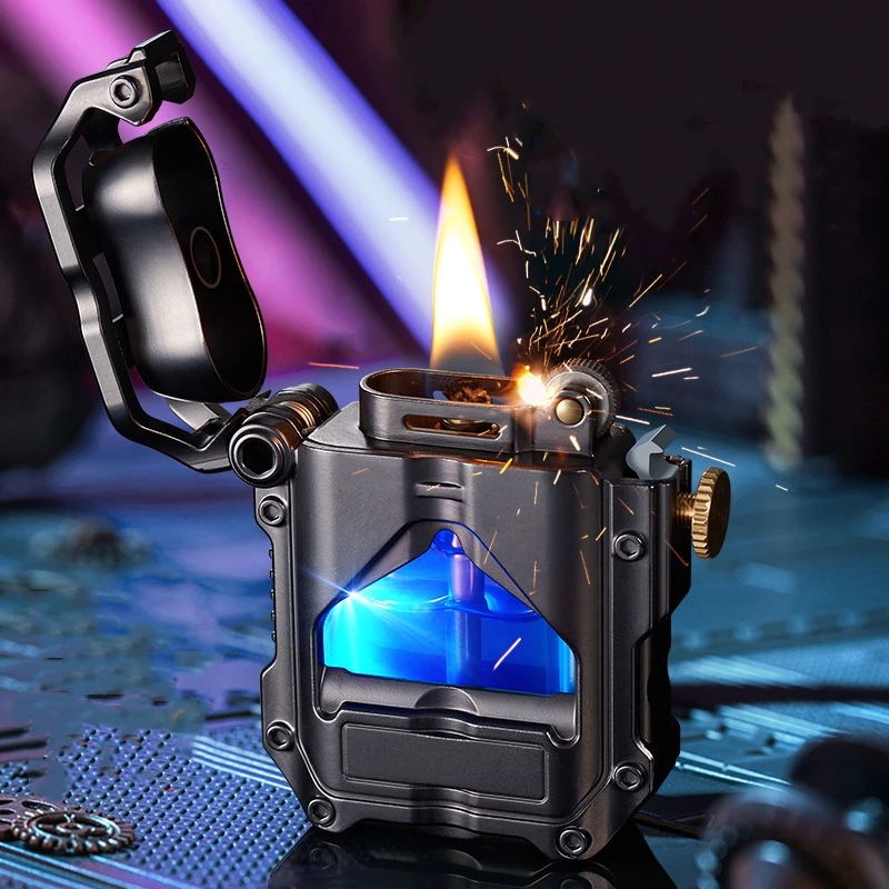 Creative Metal Machine Armor Kerosene Lighter LED Blue Light Transparent Oil Window One Click Ignition Smoke Accessories Gadget