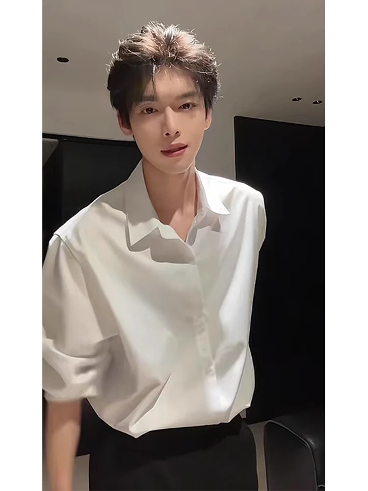 

Белая мужская рубашка с длинным рукавом в неаполитанском стиле, весенняя, приталенная, в корейском стиле, для ношения под костюм, дышащая, из полиэфирного волокна