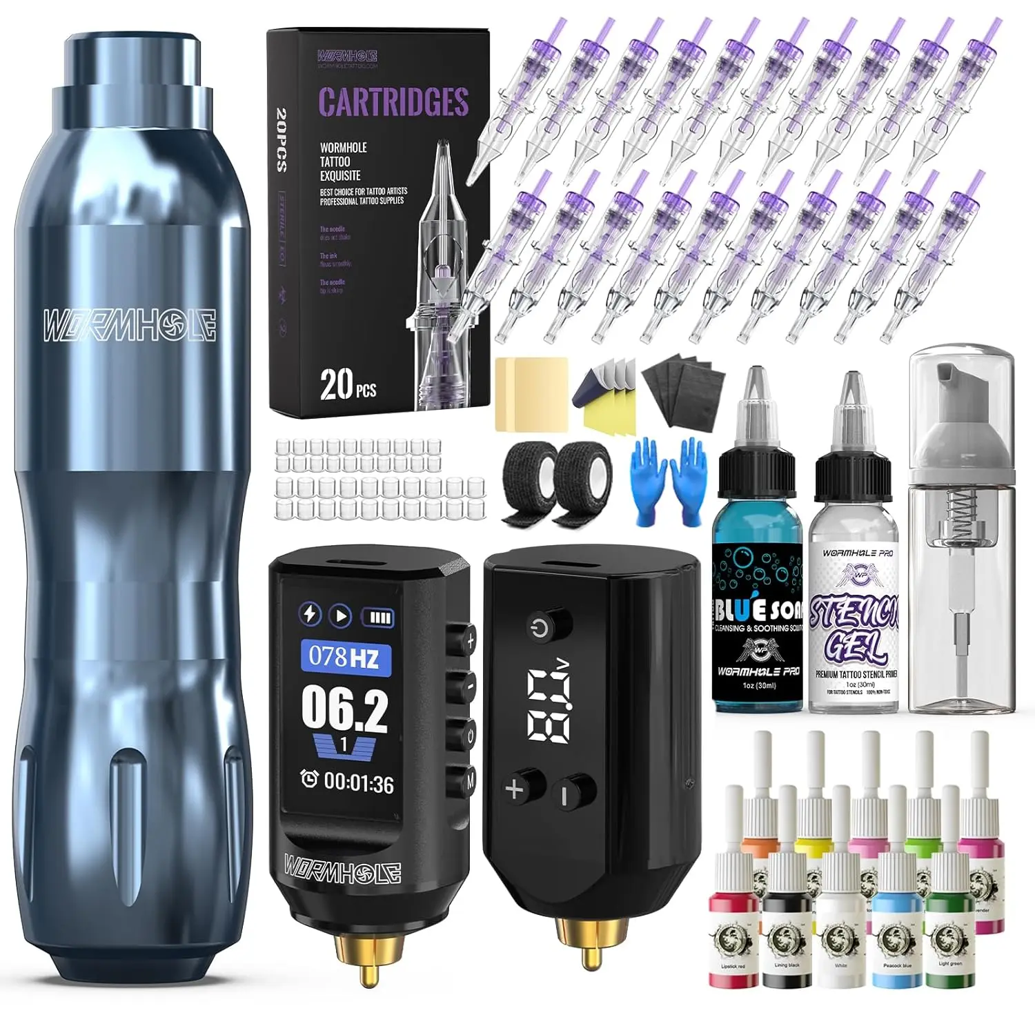 

Профессиональный беспроводной набор для татуировок с машинкой, батареями, иглами и чернилами для художников