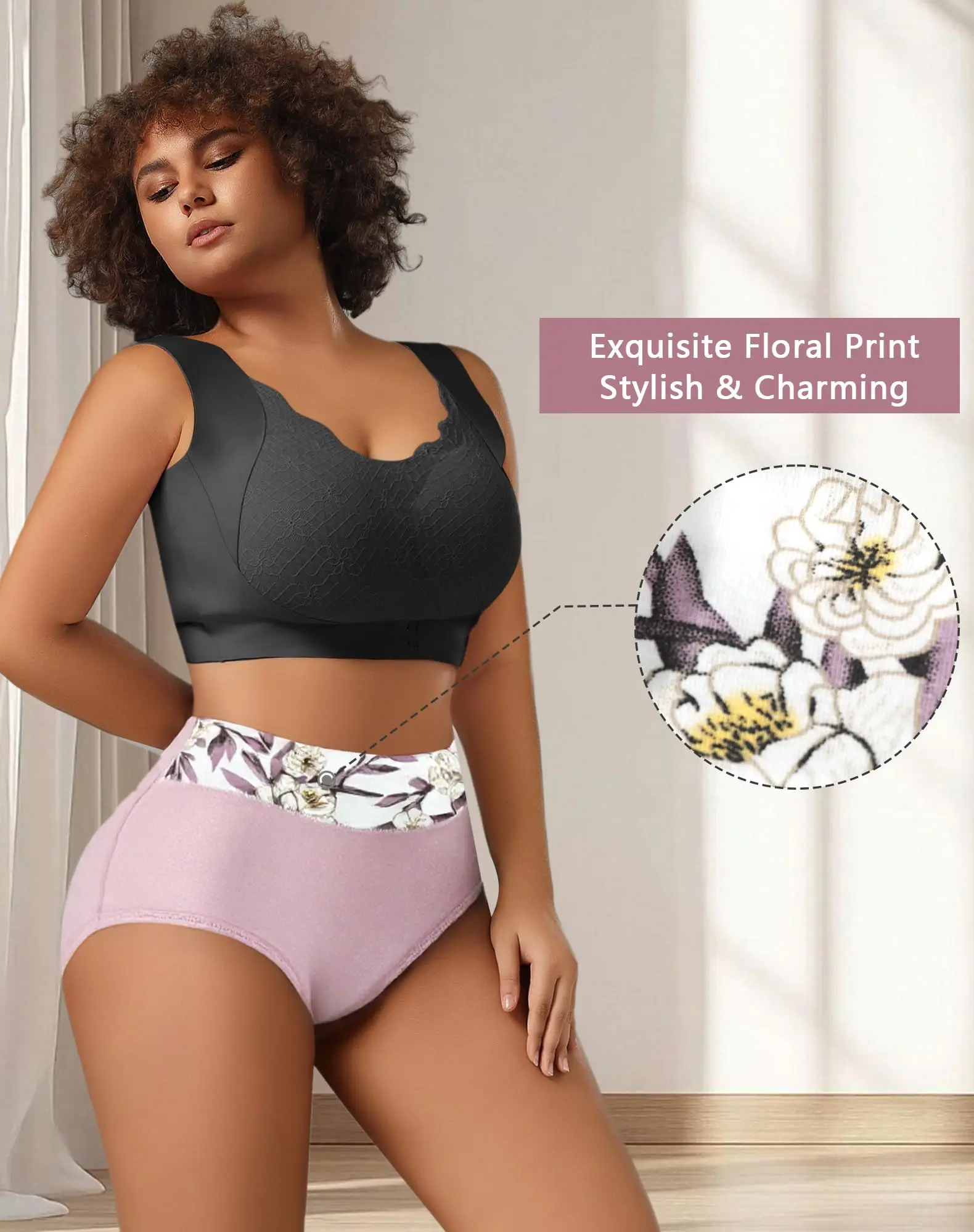 6pcs Middle Waist Cotton Underwear for Women Soft Breathable Ladies Panties with Floral Print Full Coverage Briefs