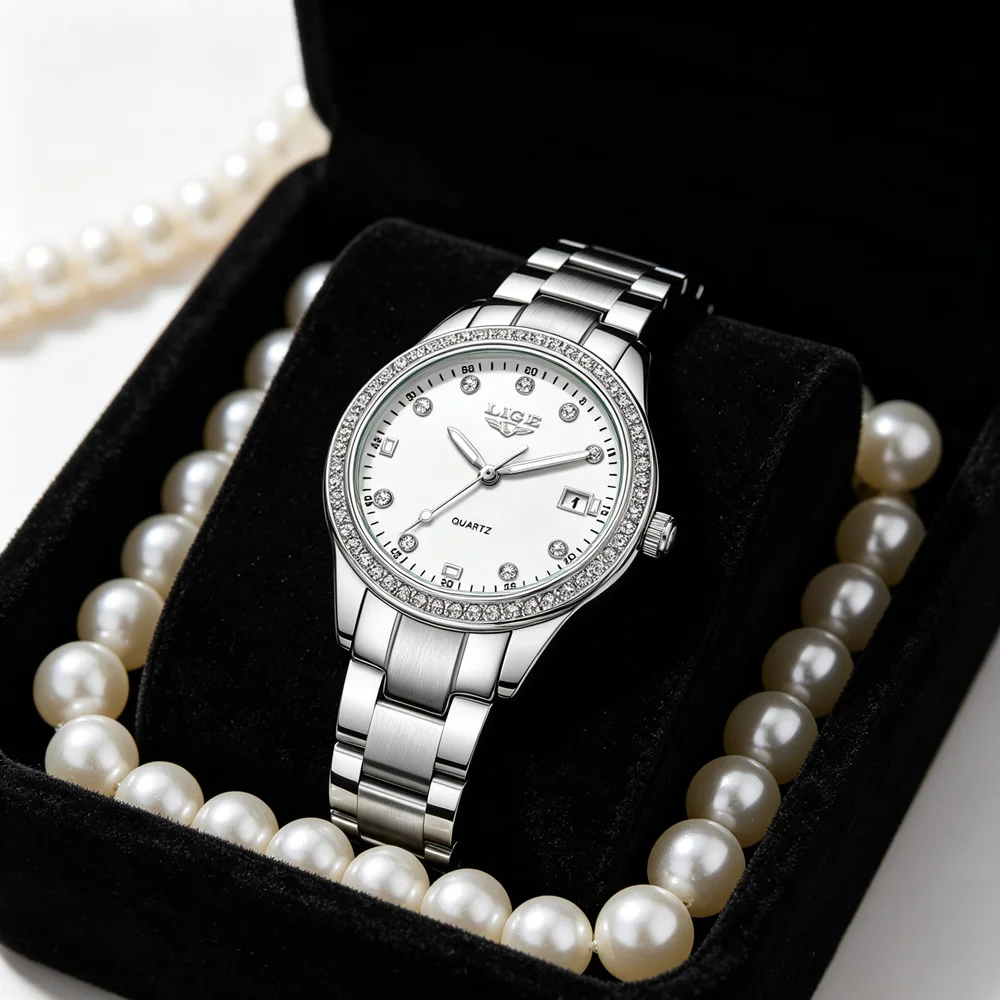 

LIGE Diamond Dial Quartz Watch for Women Fashion Elegant Ladies Watches Stainless Steel Waterproof Women's Wristwatch