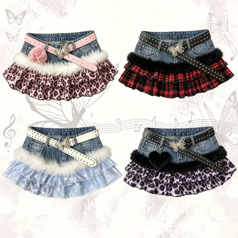 Women American New Y2K Vintage Grunge Streetwear Black Leopard Print Denim Mini Skirt Alternative Punk Trendy Fashion Outfit